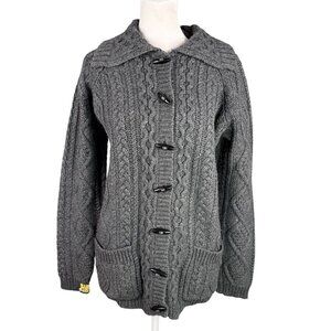 VTG Eddie Bauer Women's L Cable Knit Cardigan Grey Toggles Fisherman Grandpa
